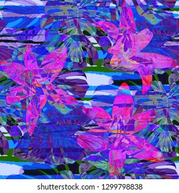 Multicolor Grunge Pattern with Brush Strokes, Palm Leaves and Big Flowers. Retro Seamless Texture for, Textile, Wallpaper, Print. Tropical Grunge Pattern in Trendy Colors.