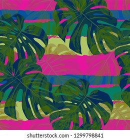 Multicolor Grunge Pattern with Brush Strokes, Palm Leaves and Big Flowers. Bright Seamless Texture for, Cloth, Curtains, Tablecloth. Tropical Grunge Pattern in Trendy Colors.