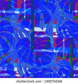 Multicolor Grunge Pattern with Brush Strokes, Palm Leaves and Big Flowers. Colorful Seamless Texture for, Dress, Fabric, Tablecloth. Tropical Grunge Pattern in Trendy Colors.