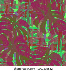 Multicolor Grunge Pattern with Brush Strokes, Palm Leaves and Big Flowers. Retro Seamless Texture for, Cloth, Print, Paper. Tropical Grunge Pattern in Trendy Colors.