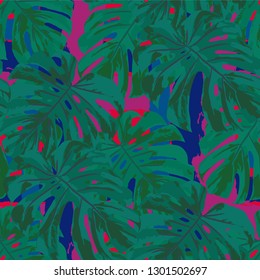 Multicolor Grunge Pattern with Brush Strokes, Palm Leaves and Big Flowers. Trendy Seamless Texture for, Shirt, Curtains, Fabric. Tropical Grunge Pattern in Trendy Colors.