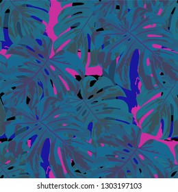 Multicolor Grunge Pattern with Brush Strokes, Palm Leaves and Big Flowers. Girlie Seamless Texture for, Wallpaper, Paper, Cloth. Tropical Grunge Pattern in Trendy Colors.