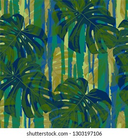 Multicolor Grunge Pattern with Brush Strokes, Palm Leaves and Big Flowers. Bright Seamless Texture for, Print, Paper, Wallpaper. Tropical Grunge Pattern in Trendy Colors.