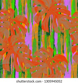 Multicolor Grunge Pattern with Brush Strokes, Palm Leaves and Big Flowers. Feminine Seamless Texture for, Shirt, Swimwear, Tablecloth. Tropical Grunge Pattern in Trendy Colors.