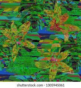 Multicolor Grunge Pattern with Brush Strokes, Palm Leaves and Big Flowers. Vintage Seamless Texture for, Shirt, Fabric, Paper. Tropical Grunge Pattern in Trendy Colors.