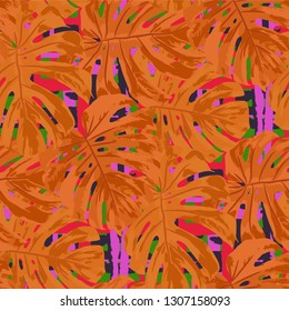 Multicolor Grunge Pattern with Brush Strokes, Palm Leaves and Big Flowers. Retro Seamless Texture for, Fabric, Cloth, Swimwear. Tropical Grunge Pattern in Trendy Colors.