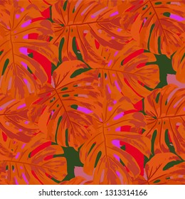 Multicolor Grunge Pattern with Brush Strokes, Palm Leaves and Big Flowers. Trendy Seamless Texture for, Chintz, Curtains, Paper. Tropical Grunge Pattern in Trendy Colors.