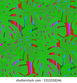 Multicolor Grunge Pattern with Brush Strokes, Palm Leaves and Big Flowers. Modern Seamless Texture for, Textile, Tablecloth, Cloth. Tropical Grunge Pattern in Trendy Colors.