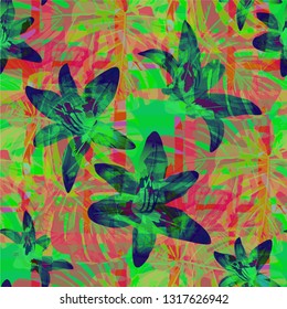 Multicolor Grunge Pattern with Brush Strokes, Palm Leaves and Big Flowers. Retro Seamless Texture for, Chintz, Wallpaper, Dress. Tropical Grunge Pattern in Trendy Colors.