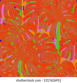 Multicolor Grunge Pattern with Brush Strokes, Palm Leaves and Big Flowers. Trendy Seamless Texture for, Dress, Print, Shirt. Tropical Grunge Pattern in Trendy Colors.