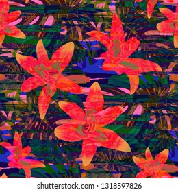 Multicolor Grunge Pattern with Brush Strokes, Palm Leaves and Big Flowers. Girlie Seamless Texture for, Print, Cloth, Chintz. Tropical Grunge Pattern in Trendy Colors.
