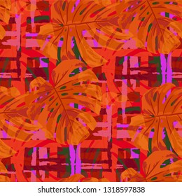 Multicolor Grunge Pattern with Brush Strokes, Palm Leaves and Big Flowers. Girlie Seamless Texture for, Swimwear, Shirt, Chintz. Tropical Grunge Pattern in Trendy Colors.