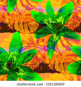 Multicolor Grunge Pattern with Brush Strokes, Palm Leaves and Big Flowers. Girlie Seamless Texture for, Fabric, Paper, Wallpaper. Tropical Grunge Pattern in Trendy Colors.