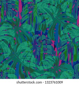 Multicolor Grunge Pattern with Brush Strokes, Palm Leaves and Big Flowers. Modern Seamless Texture for, Fabric, Curtains, Textile. Tropical Grunge Pattern in Trendy Colors.