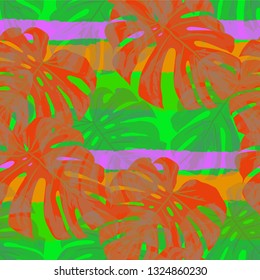 Multicolor Grunge Pattern with Brush Strokes, Palm Leaves and Big Flowers. Retro Seamless Texture for, Curtains, Tablecloth, Swimwear. Tropical Grunge Pattern in Trendy Colors.