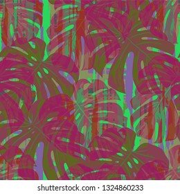 Multicolor Grunge Pattern with Brush Strokes, Palm Leaves and Big Flowers. Colorful Seamless Texture for, Dress, Swimwear, Tablecloth. Tropical Grunge Pattern in Trendy Colors.