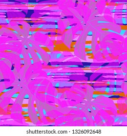 Multicolor Grunge Pattern with Brush Strokes, Palm Leaves and Big Flowers. Modern Seamless Texture for, Print, Paper, Chintz. Tropical Grunge Pattern in Trendy Colors.
