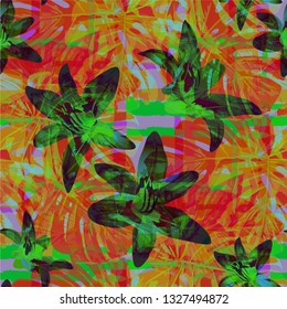Multicolor Grunge Pattern with Brush Strokes, Palm Leaves and Big Flowers. Feminine Seamless Texture for, Print, Swimwear, Textile. Tropical Grunge Pattern in Trendy Colors.