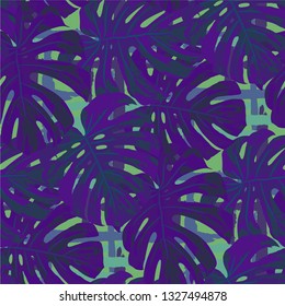 Multicolor Grunge Pattern with Brush Strokes, Palm Leaves and Big Flowers. Retro Seamless Texture for, Wallpaper, Print, Cloth. Tropical Grunge Pattern in Trendy Colors.