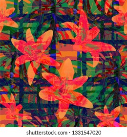 Multicolor Grunge Pattern with Brush Strokes, Palm Leaves and Big Flowers. Vintage Seamless Texture for, Swimwear, Paper, Wallpaper. Tropical Grunge Pattern in Trendy Colors.