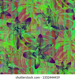 Multicolor Grunge Pattern with Brush Strokes, Palm Leaves and Big Flowers. Feminine Seamless Texture for, Shirt, Fabric, Textile. Tropical Grunge Pattern in Trendy Colors.