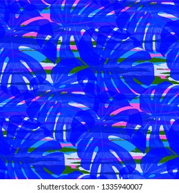 Multicolor Grunge Pattern with Brush Strokes, Palm Leaves and Big Flowers. Modern Seamless Texture for, Curtains, Print, Wallpaper. Tropical Grunge Pattern in Trendy Colors.