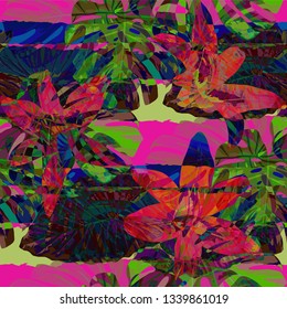 Multicolor Grunge Pattern with Brush Strokes, Palm Leaves and Big Flowers. Vintage Seamless Texture for, Fabric, Paper, Cloth. Tropical Grunge Pattern in Trendy Colors.