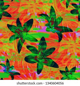 Multicolor Grunge Pattern with Brush Strokes, Palm Leaves and Big Flowers. Bright Seamless Texture for, Paper, Shirt, Textile. Tropical Grunge Pattern in Trendy Colors.