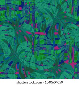 Multicolor Grunge Pattern with Brush Strokes, Palm Leaves and Big Flowers. Colorful Seamless Texture for, Dress, Paper, Tablecloth. Tropical Grunge Pattern in Trendy Colors.