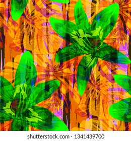 Multicolor Grunge Pattern with Brush Strokes, Palm Leaves and Big Flowers. Girlie Seamless Texture for, Chintz, Swimwear, Tablecloth. Tropical Grunge Pattern in Trendy Colors.