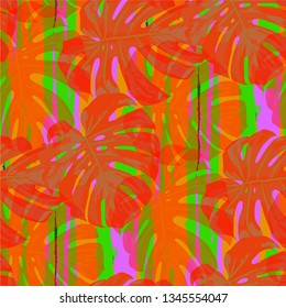 Multicolor Grunge Pattern with Brush Strokes, Palm Leaves and Big Flowers. Bright Seamless Texture for, Chintz, Curtains, Print. Tropical Grunge Pattern in Trendy Colors.