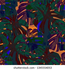 Multicolor Grunge Pattern with Brush Strokes, Palm Leaves and Big Flowers. Feminine Seamless Texture for, Dress, Print, Tablecloth. Tropical Grunge Pattern in Trendy Colors.