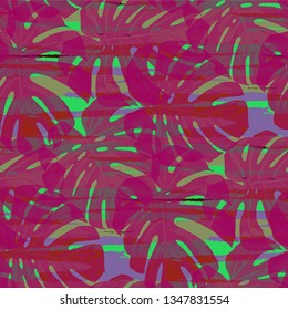 Multicolor Grunge Pattern with Brush Strokes, Palm Leaves and Big Flowers. Bright Seamless Texture for, Dress, Curtains, Tablecloth. Tropical Grunge Pattern in Trendy Colors.