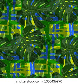 Multicolor Grunge Pattern with Brush Strokes, Palm Leaves and Big Flowers. Retro Seamless Texture for, Textile, Curtains, Wallpaper. Tropical Grunge Pattern in Trendy Colors.