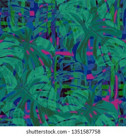 Multicolor Grunge Pattern with Brush Strokes, Palm Leaves and Big Flowers. Retro Seamless Texture for, Fabric, Cloth, Curtains. Tropical Grunge Pattern in Trendy Colors.