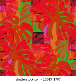 Multicolor Grunge Pattern with Brush Strokes, Palm Leaves and Big Flowers. Colorful Seamless Texture for, Fabric, Tablecloth, Chintz. Tropical Grunge Pattern in Trendy Colors.