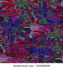 Multicolor Grunge Pattern with Brush Strokes, Palm Leaves and Big Flowers. Retro Seamless Texture for, Tablecloth, Dress, Cloth. Tropical Grunge Pattern in Trendy Colors.