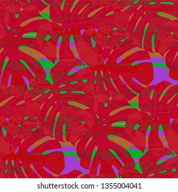 Multicolor Grunge Pattern with Brush Strokes, Palm Leaves and Big Flowers. Bright Seamless Texture for, Tablecloth, Print, Fabric. Tropical Grunge Pattern in Trendy Colors.