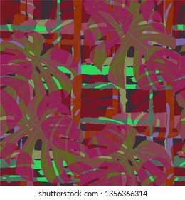 Multicolor Grunge Pattern with Brush Strokes, Palm Leaves and Big Flowers. Girlie Seamless Texture for, Swimwear, Chintz, Shirt. Tropical Grunge Pattern in Trendy Colors.