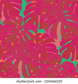 Multicolor Grunge Pattern with Brush Strokes, Palm Leaves and Big Flowers. Vintage Seamless Texture for, Cloth, Wallpaper, Fabric. Tropical Grunge Pattern in Trendy Colors.