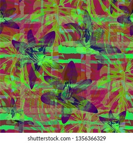 Multicolor Grunge Pattern with Brush Strokes, Palm Leaves and Big Flowers. Bright Seamless Texture for, Shirt, Textile, Chintz. Tropical Grunge Pattern in Trendy Colors.