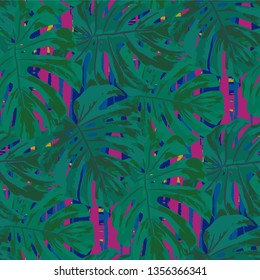 Multicolor Grunge Pattern with Brush Strokes, Palm Leaves and Big Flowers. Retro Seamless Texture for, Chintz, Cloth, Dress. Tropical Grunge Pattern in Trendy Colors.
