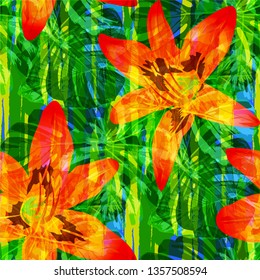 Multicolor Grunge Pattern with Brush Strokes, Palm Leaves and Big Flowers. Vintage Seamless Texture for, Swimwear, Wallpaper, Cloth. Tropical Grunge Pattern in Trendy Colors.