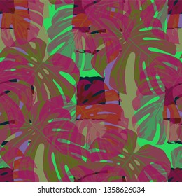 Multicolor Grunge Pattern with Brush Strokes, Palm Leaves and Big Flowers. Girlie Seamless Texture for, Fabric, Shirt, Paper. Tropical Grunge Pattern in Trendy Colors.