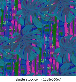 Multicolor Grunge Pattern with Brush Strokes, Palm Leaves and Big Flowers. Girlie Seamless Texture for, Swimwear, Curtains, Wallpaper. Tropical Grunge Pattern in Trendy Colors.