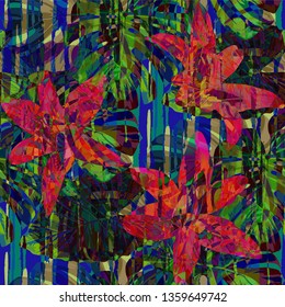 Multicolor Grunge Pattern with Brush Strokes, Palm Leaves and Big Flowers. Modern Seamless Texture for, Wallpaper, Chintz, Paper. Tropical Grunge Pattern in Trendy Colors.