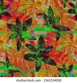 Multicolor Grunge Pattern with Brush Strokes, Palm Leaves and Big Flowers. Colorful Seamless Texture for, Chintz, Swimwear, Shirt. Tropical Grunge Pattern in Trendy Colors.