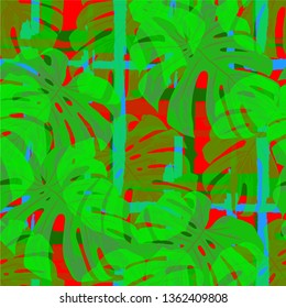 Multicolor Grunge Pattern with Brush Strokes, Palm Leaves and Big Flowers. Colorful Seamless Texture for, Curtains, Print, Wallpaper. Tropical Grunge Pattern in Trendy Colors.