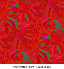 Multicolor Grunge Pattern with Brush Strokes, Palm Leaves and Big Flowers. Vintage Seamless Texture for, Wallpaper, Paper, Textile. Tropical Grunge Pattern in Trendy Colors.