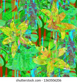Multicolor Grunge Pattern with Brush Strokes, Palm Leaves and Big Flowers. Colorful Seamless Texture for, Fabric, Chintz, Cloth. Tropical Grunge Pattern in Trendy Colors.